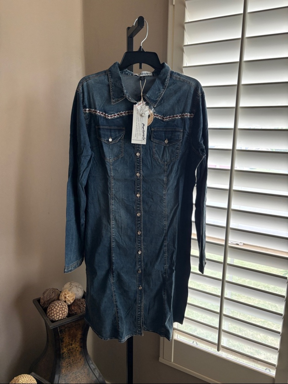 Denim Button-Front Shirt Dress in Dark Blue